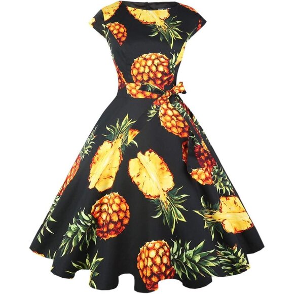 Women's 1950 Boatneck Cap Sleeve Vintage Swing Cocktail Party Dress with Pockets - Picture 2 of 8